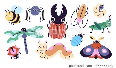 Insects doodle style. Funny funky beetles, moth, caterpillar, spider, cockroach, bee. Seasonal nature insect, forest and farm dwellers, racy vector set 136635479