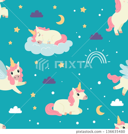 Cute unicorn seamless pattern. Colorful children unicorns characters, sweety fantasy animals from fairytale. Textile, fabric print, wallpaper, classy vector background Cute unicorn seamless pattern. Colorful children unicorns characters, sweety fantasy animals from fairytale. Textile, fabric print, wallpaper, classy vector background 136635480