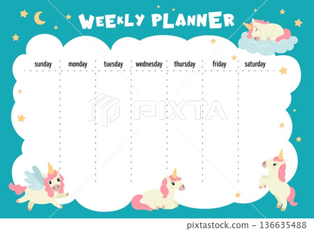 Cute weekly planner. Planning days at week, cute daily with cartoon unicorns. Time management, page for notes day by day, empty classy vector template Cute weekly planner. Planning days at week, cute daily with cartoon unicorns. Time management, page for notes day by day, empty classy vector template 136635488