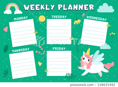 Unicorn weekly planner. School timetable for little students with cartoon fantasy unicorns. Stylish fairytale planning design, classy vector template 136635492