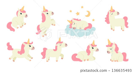 Cartoon unicorn characters. Funny unicorns stickers, cute pony with horn and pink mane. Children mascots, fantasy animal from fairytale, classy vector clipart 136635493