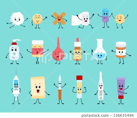 Cartoon pills characters. Vitamin capsules, antibiotics, syringe and mixture, protective plaster, bandage, thermometer and medicine jars, classy vector set Cartoon pills characters. Vitamin capsules, antibiotics, syringe and mixture, protective plaster, bandage, thermometer and medicine jars, classy vector set 136635494