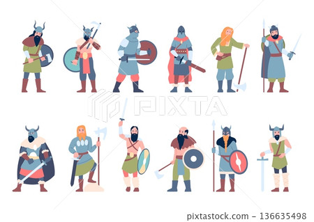 Viking warrior characters. Scandinavian vikings in traditional clothes, beards, armors and weapons. North warriors, flat historical heroes, recent vector set 136635498
