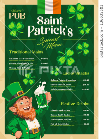 St Patricks Day pub menu template with cheerful leprechaun and Irish green beer. 136635503