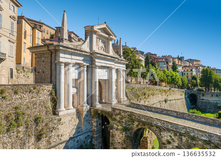Bergamo upper town entrance gate, Porta San Giacomo, Lombardy, Italy Bergamo upper town entrance gate, Porta San Giacomo, Lombardy, Italy 136635532