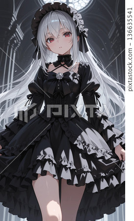 一位身穿黑色哥德蘿莉裝的美麗女孩的插畫 136635541