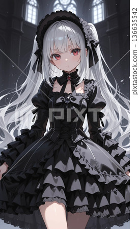 一位身穿黑色哥德蘿莉裝的美麗女孩的插畫 136635542