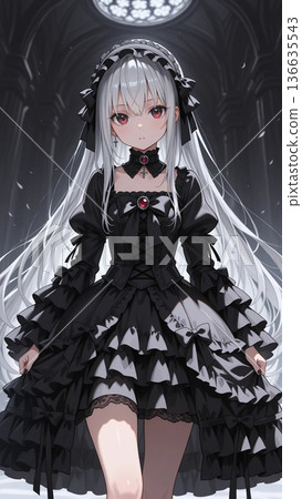一位身穿黑色哥德蘿莉裝的美麗女孩的插畫 一位身穿黑色哥德蘿莉裝的美麗女孩的插畫 136635543