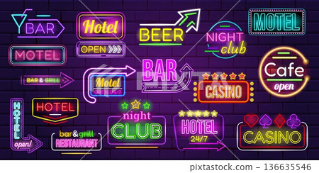 Motel neon signboards. Glowing neon signs, retro motel bar signage night advertising banners vintage sign boards hotel casino vegas restaurant light icon, kicky vector illustration 136635546
