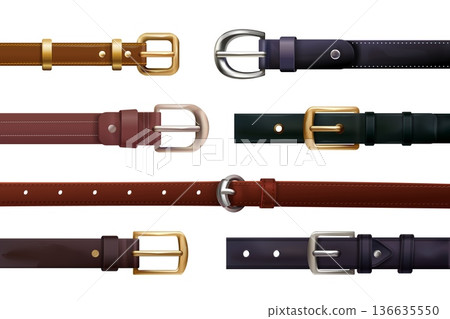Realistic leather belts. Isolated leather belt with metal buckle, leathers horizontal strips black brown strip for fashion clothes men women jeans pants, exact vector illustration Realistic leather belts. Isolated leather belt with metal buckle, leathers horizontal strips black brown strip for fashion clothes men women jeans pants, exact vector illustration 136635550