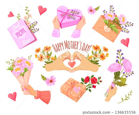 Mom day set. Mothers day concept, hand with flowers bouquet mother love gift heart box spring flower greeting card badges female cute icon cartoon stickers neat vector illustration Mom day set. Mothers day concept, hand with flowers bouquet mother love gift heart box spring flower greeting card badges female cute icon cartoon stickers neat vector illustration 136635556