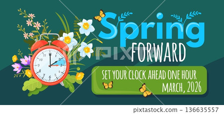 Spring saving time. Daylight forward concept banner, clock with flowers summertime starts hour ahead change march calendar date reminder summer season, neat vector illustration Spring saving time. Daylight forward concept banner, clock with flowers summertime starts hour ahead change march calendar date reminder summer season, neat vector illustration 136635557