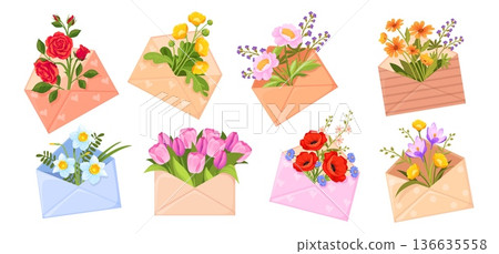 Cartoon flowers envelope. Spring flower inside paper envelopes, wildflowers tulips bouquet romantic letter mail valentine mothers woman day concept, floral neat vector illustration 136635558