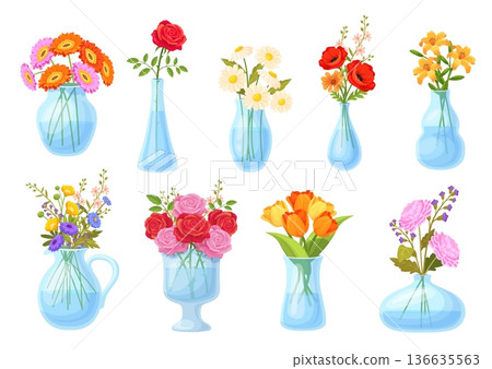 Flowers in glass vases. Cartoon flower bouquet at jar with water, spring wildflowers bunch jug garden daisy gerbera tulip floral collection home decorative neat vector illustration 136635563