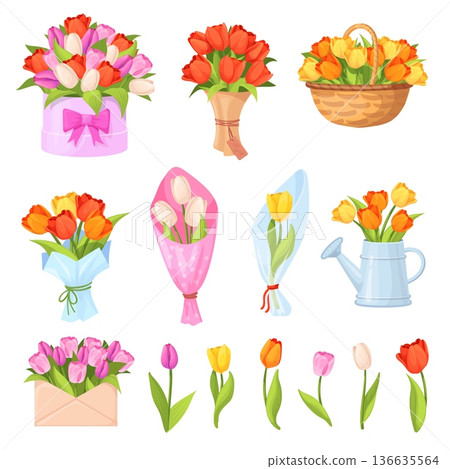 Cartoon tulips bunch. Tulip bouquet, field flowers bunches garden wildflowers bouquet wrapping romantic love gift woman day present spring concept, set neat vector illustration 136635564