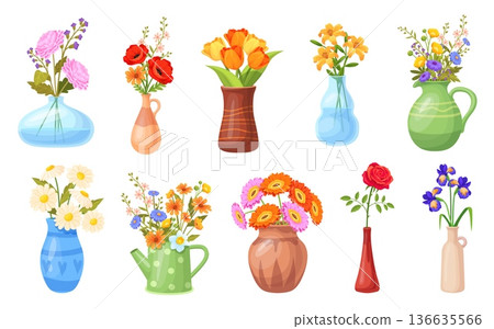 Cartoon bouquet in vases. Spring field flowers in glass jug or ceramic vase, fresh garden flower stem cute wildflowers bunch blossom tulips iris lilly set neat vector illustration 136635566