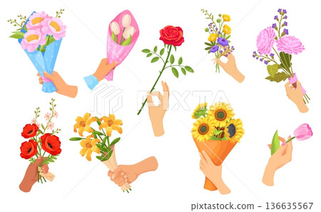 Hands hold bouquet. Hand giving flowers bouquets, arm holding garden flower wildflowers bunch romantic gift wedding valentine woman day rose stem present, neat vector illustration 136635567