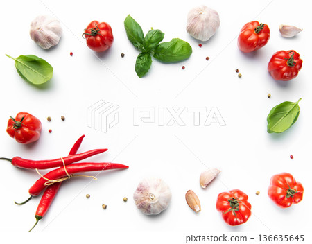 Fresh cooking ingredients creating a vibrant flavorful border 136635645