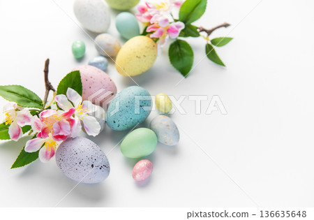 Pastel colored eggs and plum blossoms for easter Pastel colored eggs and plum blossoms for easter 136635648