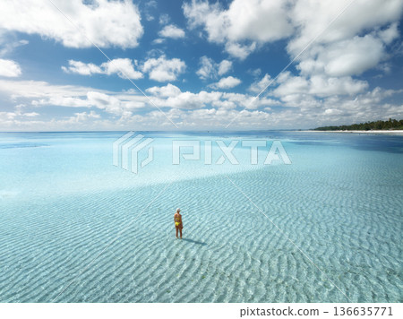Aerial view of a woman in yellow bikini standing in blue sea Aerial view of a woman in yellow bikini standing in blue sea 136635771