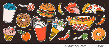 fast food cartoon sticker set with burgers donuts, pizza, hot dog, coffee and sweets on dark background. Fast food cartoon vector elements line sticker style. Stickers, packaging, branding, menus fast food cartoon sticker set with burgers donuts, pizza, hot dog, coffee and sweets on dark background. Fast food cartoon vector elements line sticker style. Stickers, packaging, branding, menus 136635855