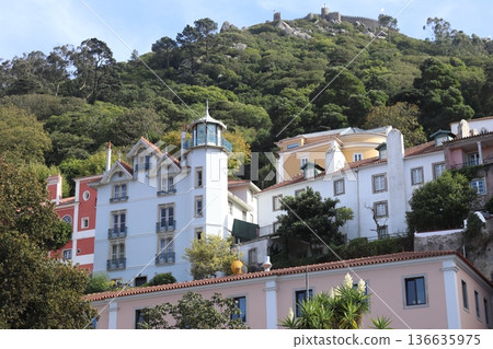 Romantic architecture of Sintra with the Moorish Castle on the hilltop. Romantic architecture of Sintra with the Moorish Castle on the hilltop. 136635975