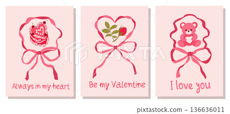Minimalist Valentine's Day Poster Set. Heart Cake, Rose, Teddy Bear with Bows and Lettering 136636011