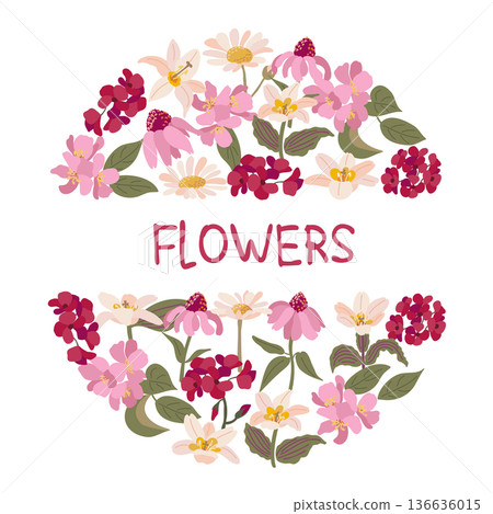 Round Floral Medallion. Geranium, Lily, Sakura, Echinacea, Daisy with 'Flowers' Lettering Round Floral Medallion. Geranium, Lily, Sakura, Echinacea, Daisy with 'Flowers' Lettering 136636015