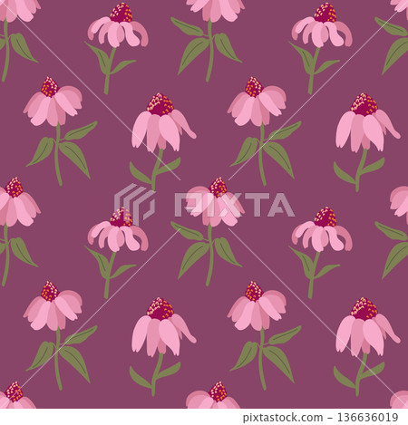 Echinacea Flower Pattern. Seamless Botanical Print with Single Blossoms on Amaranth 136636019