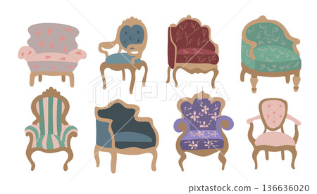 Empire Style Armchairs Set. 8 Flat Vector Illustrations Empire Style Armchairs Set. 8 Flat Vector Illustrations 136636020