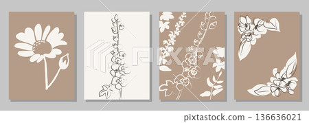 Minimalist Botanic Art Poster Set. 4 Line & Spot Illustrations in Cream & Beige Minimalist Botanic Art Poster Set. 4 Line & Spot Illustrations in Cream & Beige 136636021
