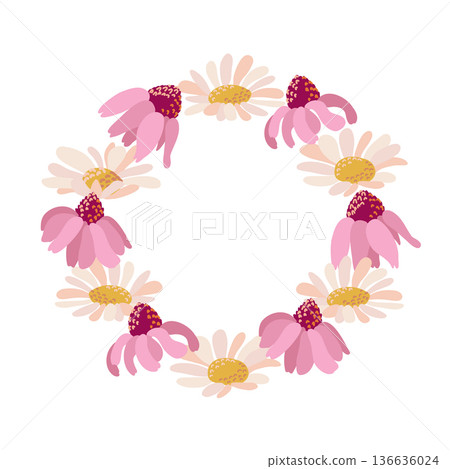 Flat Botanical Wreath. Daisy and Echinacea Minimalist Circle Flat Botanical Wreath. Daisy and Echinacea Minimalist Circle 136636024