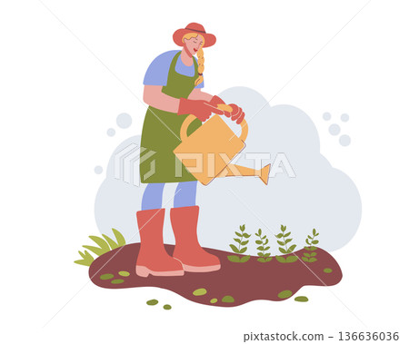 Girl Watering Plants with Watering Can 136636036