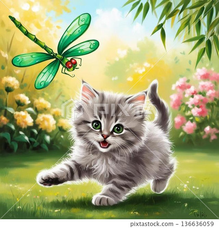 一隻小貓在森林裡追逐一隻蜻蜓 136636059