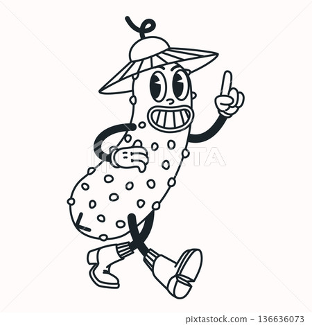 Cartoon pickle line character illustration with bold clean outlines and playful groovy retro style on light background. Pickle cartoon character drawn in simple line vector style 136636073