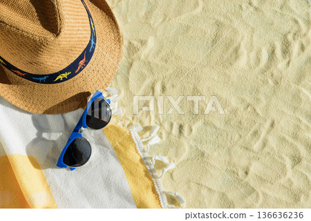 Beach Essentials with Hat, Sunglasses and .Beach Tovel Summer Vacation Flatlay Beach Essentials with Hat, Sunglasses and .Beach Tovel Summer Vacation Flatlay 136636236