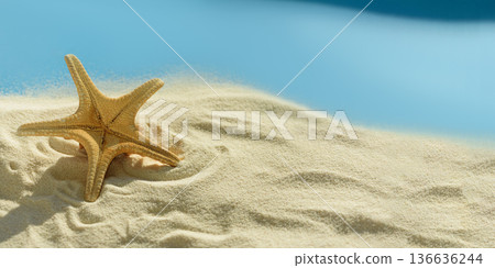 Starfish on Sandy Beach with Blue Sky and Sea. Summer Coastal Nature Scene 136636244