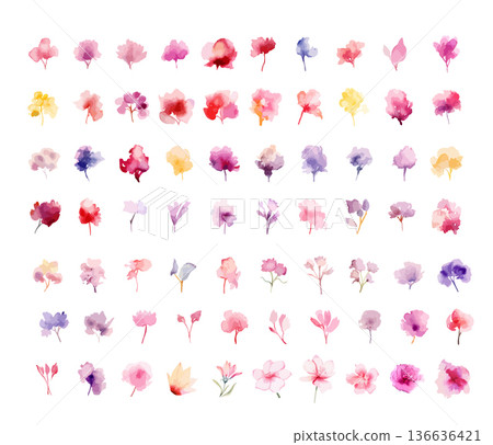 A large set of simple watercolor flowers. Hand drawn. Not AI, vector illustration. A large set of simple watercolor flowers. Hand drawn. Not AI, vector illustration. 136636421