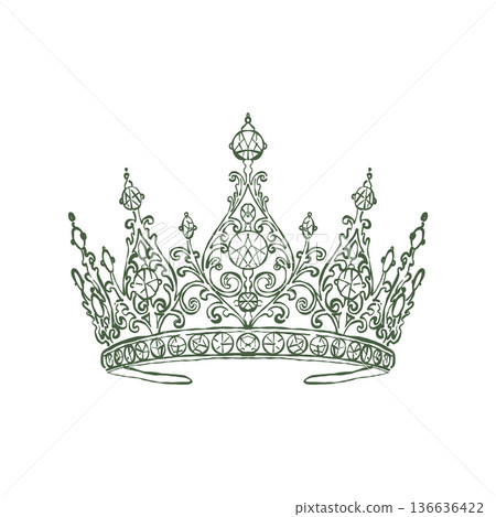 Luxurious vintage royal crown in line art style. Green vector tiara icon isolated on white background. Vector outline illustration of a diadem. 136636422