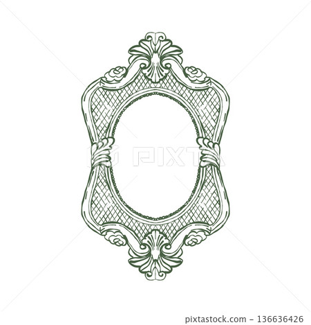 Vintage antique oval photo frame in green. Hand drawn illustration in sketch style. Outline vector. Charming Ink Doodle for Valentine or Wedding Illustration. Vector illustration in the Baroque and Vintage antique oval photo frame in green. Hand drawn illustration in sketch style. Outline vector. Charming Ink Doodle for Valentine or Wedding Illustration. Vector illustration in the Baroque and 136636426