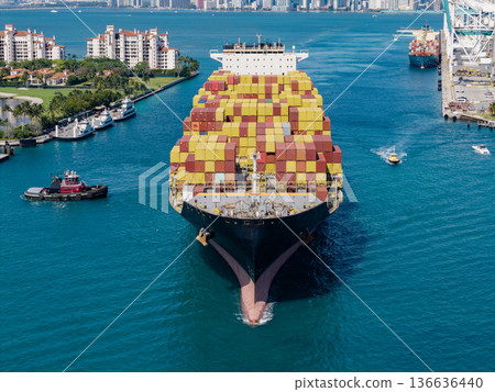 Aerial cargo ship with container. Cargo business. Container ship. Shipping logistics. Commercial shipping. Cargo ship in sea, aerial view. Freight container loaded on cargo vessel. Ship route 136636440