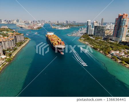 Freight container loaded on cargo vessel. Aerial ship with container. Cargo business. Container ship. Shipping logistics. Commercial shipping. Cargo ship in sea, aerial view. Cargo ship deck Freight container loaded on cargo vessel. Aerial ship with container. Cargo business. Container ship. Shipping logistics. Commercial shipping. Cargo ship in sea, aerial view. Cargo ship deck 136636441