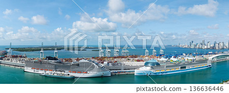 Miami, Florida, USA - May 17, 2025: MSC cruises and Royal Caribbean International cruise line. Cruise ship panorama. Ship in Miami port. MSC World America and Icon of the seas cruise ship voyage Miami, Florida, USA - May 17, 2025: MSC cruises and Royal Caribbean International cruise line. Cruise ship panorama. Ship in Miami port. MSC World America and Icon of the seas cruise ship voyage 136636446