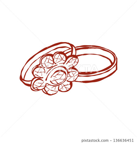 Vector icon of vintage wedding rings. Antique rings with precious stones. Retro wedding illustration. Two rings in a red matte outline. Vector illustration in doodle style. 136636451
