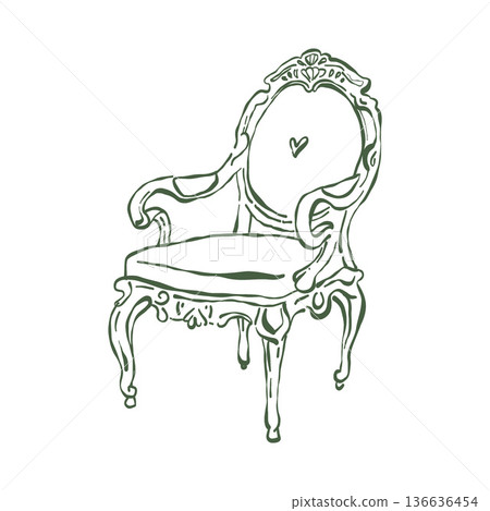 Classic vintage armchair. Carved wooden chair. Romantic interior. Baroque and Rococo styles. Classic upholstered furniture. Green vector outline clipart. Retro hand-drawn illustration. Classic vintage armchair. Carved wooden chair. Romantic interior. Baroque and Rococo styles. Classic upholstered furniture. Green vector outline clipart. Retro hand-drawn illustration. 136636454