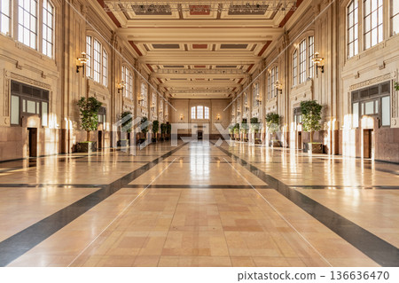 Kansas City, Missouri, USA - August 07, 2025: Architecture and architectural detail. Architectural building of train station. Hall station interior in Kansas city union station. Train station hall Kansas City, Missouri, USA - August 07, 2025: Architecture and architectural detail. Architectural building of train station. Hall station interior in Kansas city union station. Train station hall 136636470