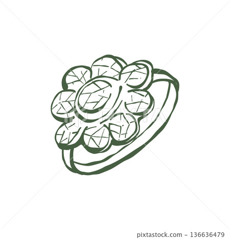 Vector icon of an antique vintage womens ring. Antique ring with precious stones. Green vector illustration of a ring in doodle style. 136636479
