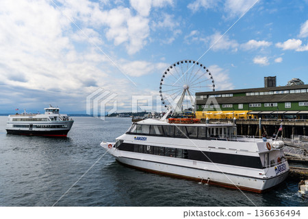 Seattle, Washington, USA - July 26, 2024: Salish explorer passenger cruise ship ferry. Ship voyage. Cruise summer vacation. Cruise ship tour. Travel at sea. Ship in port. Argosy cruises boat tour Seattle, Washington, USA - July 26, 2024: Salish explorer passenger cruise ship ferry. Ship voyage. Cruise summer vacation. Cruise ship tour. Travel at sea. Ship in port. Argosy cruises boat tour 136636494