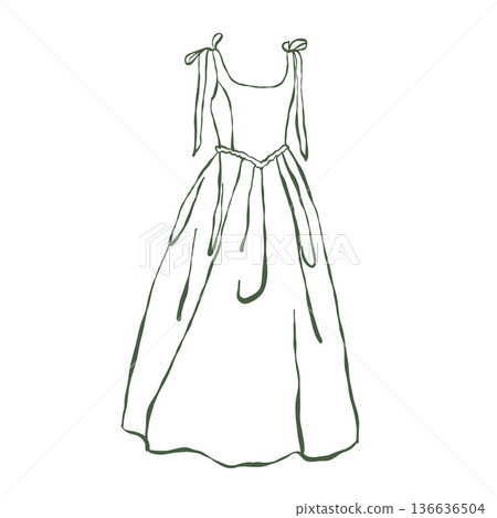Illustration of a vintage dress on a hanger in green. Outline clipart of long retro dress in doodle style. Vector illustration. Summer wedding accessories in the Rococo and Baroque styles Illustration of a vintage dress on a hanger in green. Outline clipart of long retro dress in doodle style. Vector illustration. Summer wedding accessories in the Rococo and Baroque styles 136636504