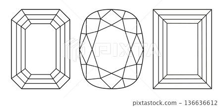 Diamond Emerald, Cushion, Baguette cut shape set. Diamonds top view. Gemstone outline icons for jewellery design, branding, packaging, logo. Emerald, Cushion, Baguette brilliant cut simple patterns. Diamond Emerald, Cushion, Baguette cut shape set. Diamonds top view. Gemstone outline icons for jewellery design, branding, packaging, logo. Emerald, Cushion, Baguette brilliant cut simple patterns. 136636612